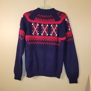 Vintage 80s Fair Isle Nordic Ski Sweater Mens M Acrylic Blue Red Knit